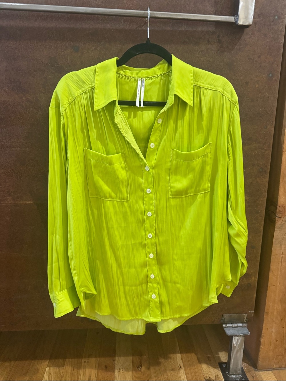 Anthropologie Silky Button-Down Shirt in Neon Lime